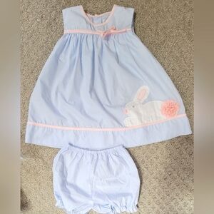Petit Pomme Infant Easter Bunny‎ Applique Dress With Bottoms, Size 12M